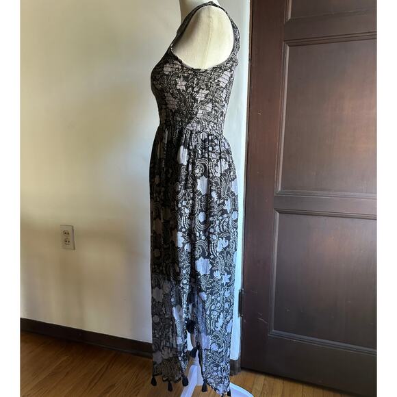 BANJANAN | Black Floral Smocked Bodice Curved Hem Tassle Dress | Sz XS - Picture 2 of 8